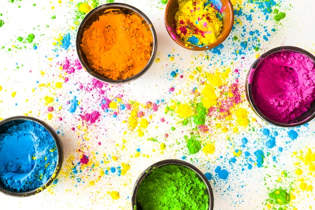 Bowl of holi colored powder on white background