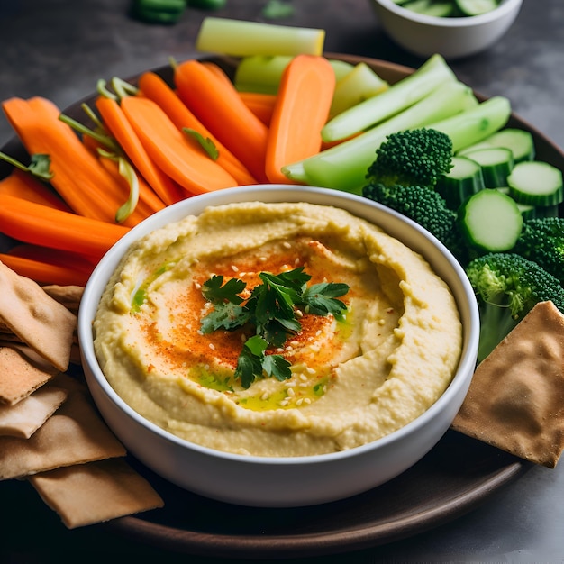 Bowl of hummus with fresh vegetables and crackers on dark background