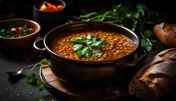 Free photo a bowl of lentil soup with a slice of bread on the side