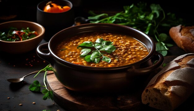 A bowl of lentil soup with a slice of bread on the side