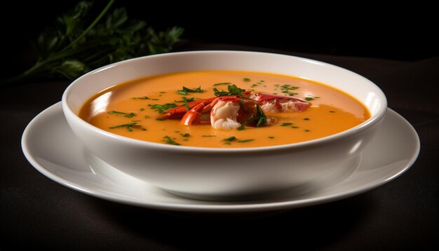 A bowl of lobster soup with a sprig of parsley on the side