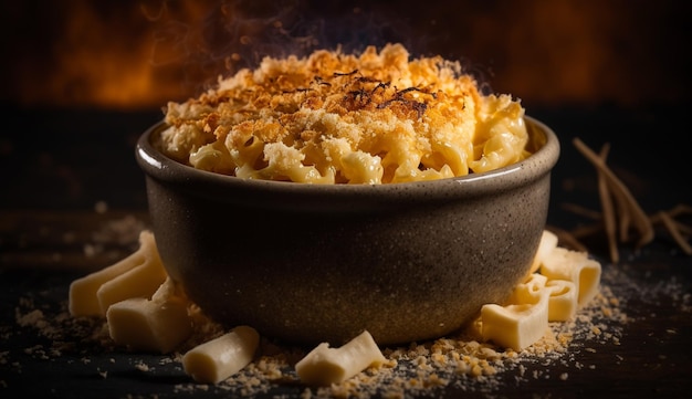 A bowl of macaroni and cheese with a smokey smoke on the top.