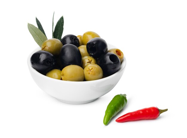Bowl of marinated olives isolated on white