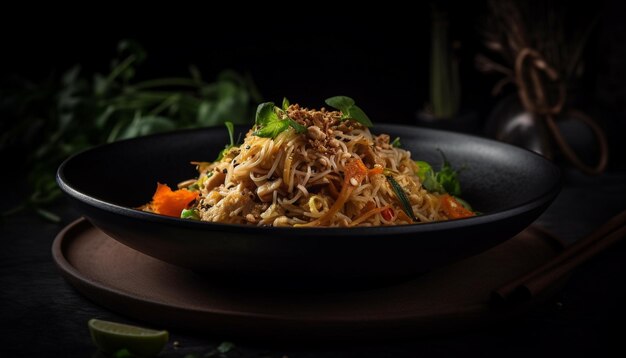 A bowl of noodles with a green leaf on the side