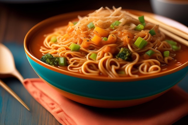 A bowl of noodles with a green onion on top.