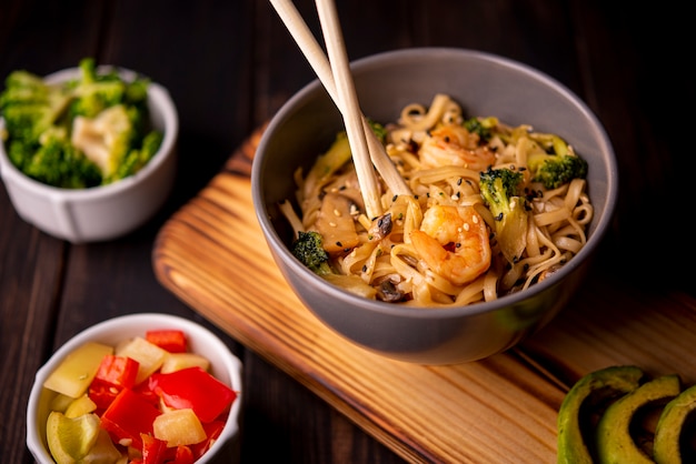 Bowl of noodles with shrimp and other vegetables