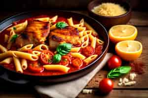 Free photo a bowl of pasta with chicken breast and tomato sauce.