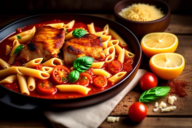 A bowl of pasta with chicken breast and tomato sauce.