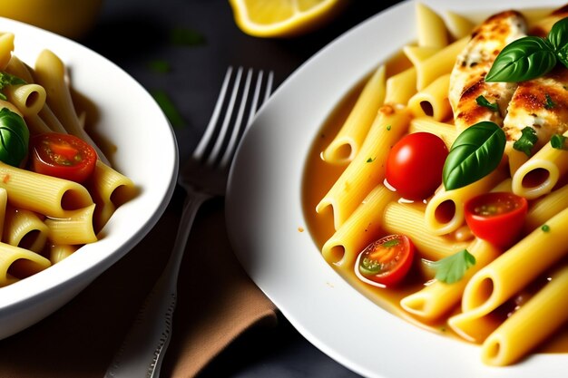 Foto gratuita una ciotola di pasta con salsa di pomodoro e foglie di basilico