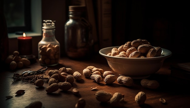 A bowl of peanuts sits on a table next to a jar of peanuts.