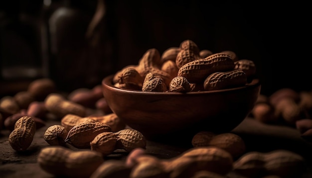 Free photo a bowl of peanuts sits on a table.