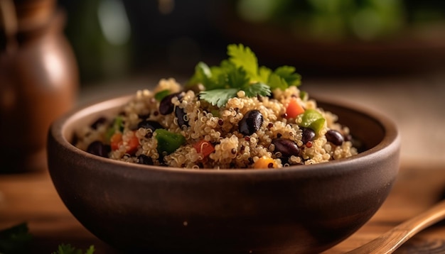 Una ciotola di insalata di quinoa con coriandolo sul lato