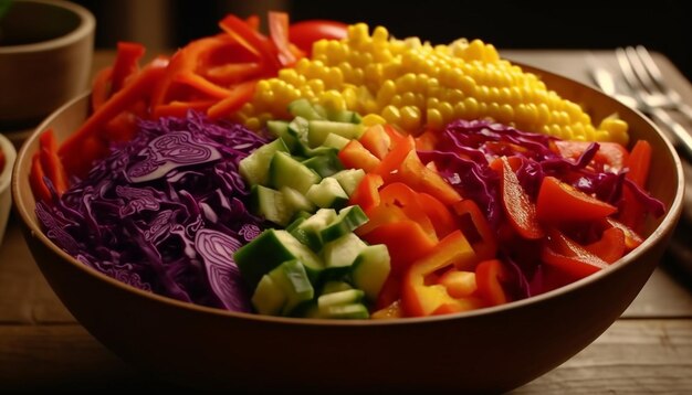 Миска с овощами радужного цвета со словом «кукуруза» сбоку.