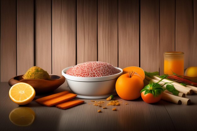 A bowl of rice and fruit on a wooden table.