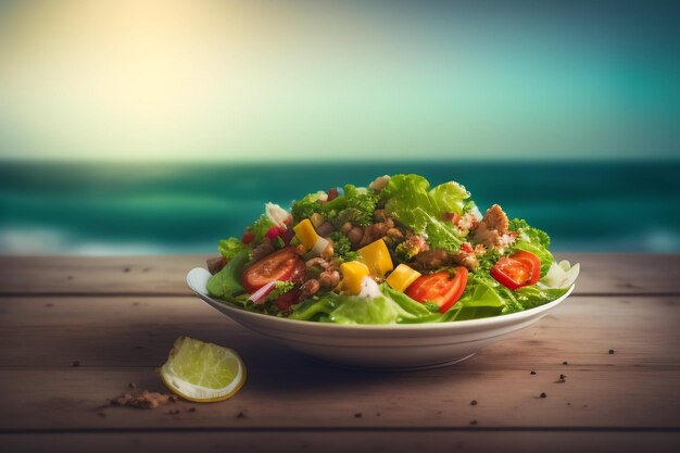 A bowl of salad with a blue background and a lemon wedge