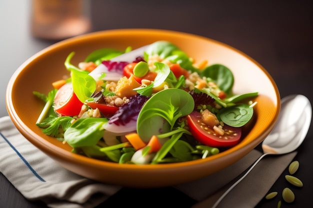 Una ciotola di insalata con un bicchiere di birra sul lato