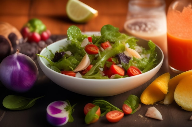 Foto gratuita una ciotola di insalata con verdure su un tavolo