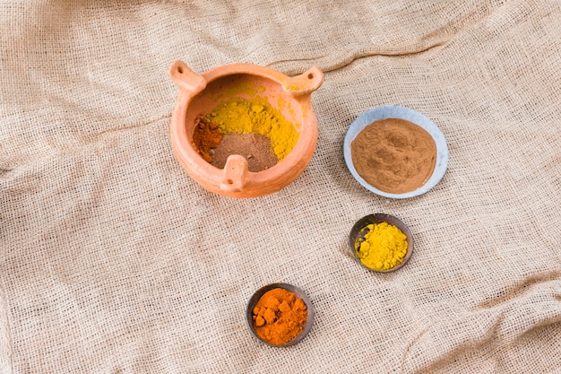 Bowl and saucers with different spices