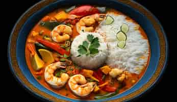 Free photo a bowl of shrimp and rice with a green leaf on top.