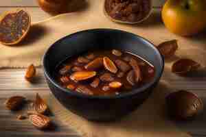 Free photo a bowl of soup with carrots and nuts on a table