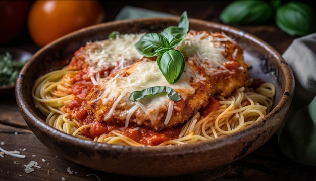 A bowl of spaghetti with chicken parmesan and basil