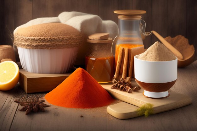 A bowl of spices and a bowl of powdered sugar sits on a cutting board.