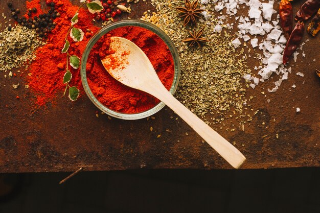 Bowl and spoon with paprika near spices