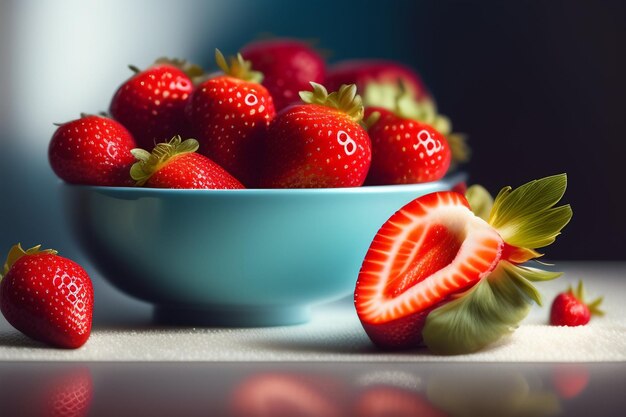 A bowl of strawberries with the number 8 on it