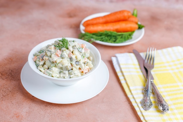 Bowl of traditional russian salad.