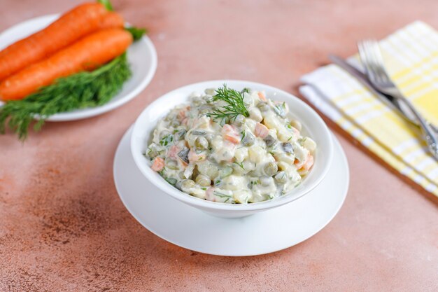 Bowl of traditional russian salad.