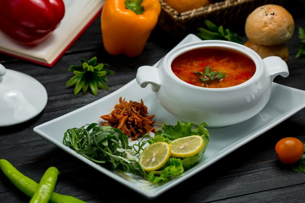 Тарелка овощного супа в бульоне с лимоном и зеленым салатом