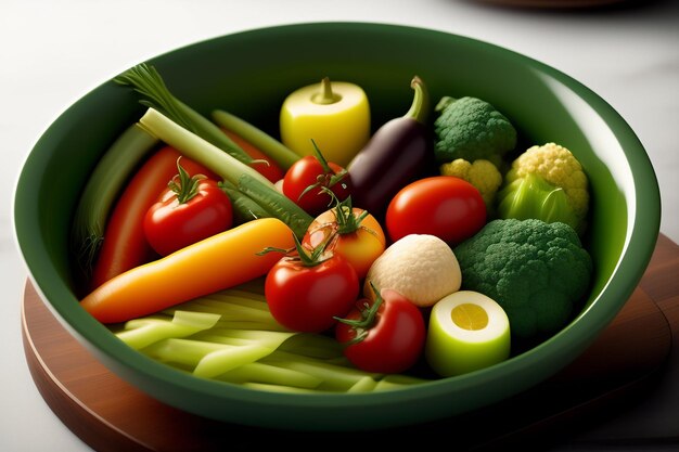 Миска с овощами стоит на столе.