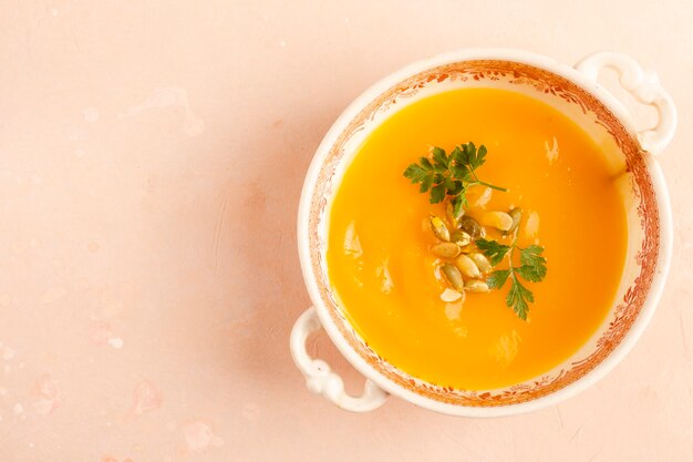 Bowl of vegetarian soup with seeds