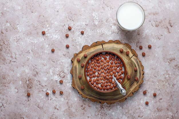 Bowl with chocolate balls and milk, top view