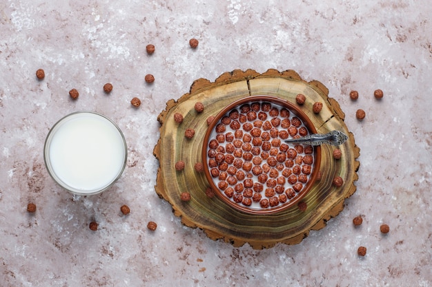 Bowl with chocolate balls and milk, top view