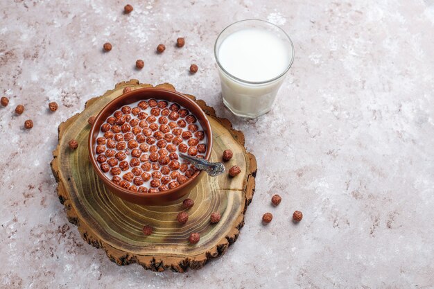 Bowl with chocolate balls and milk, top view