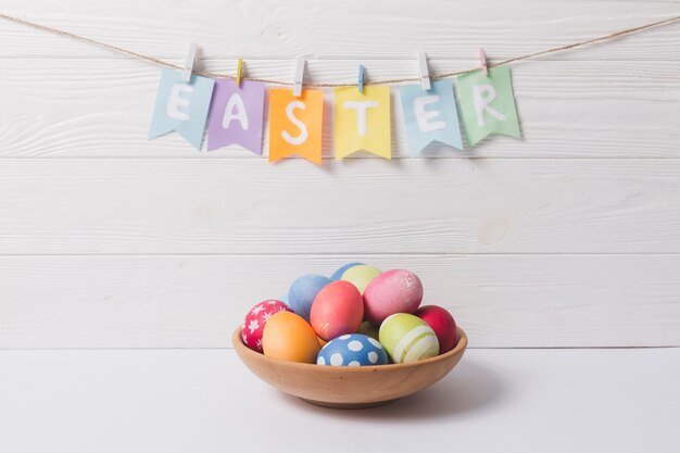 Bowl with eggs under Easter writing