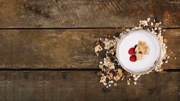 Bowl with milk on heap on muesli