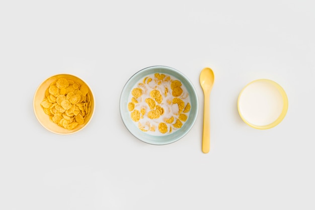 Bowl with oat flakes and milk on desk