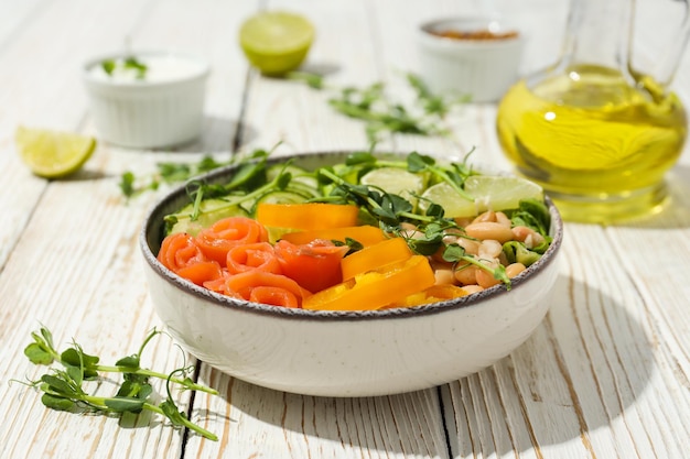 Bowl with tasty and nutritious food delicious homemade lunch