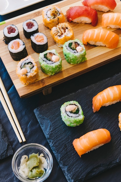 Bowl with wasabi near sushi 