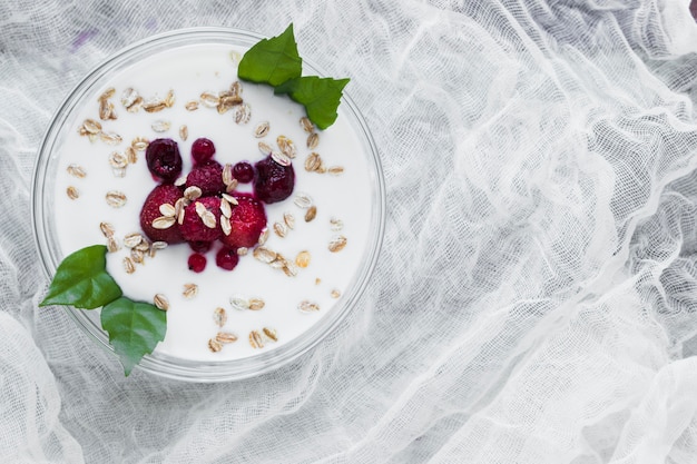 Bowl with yogurt on gauze