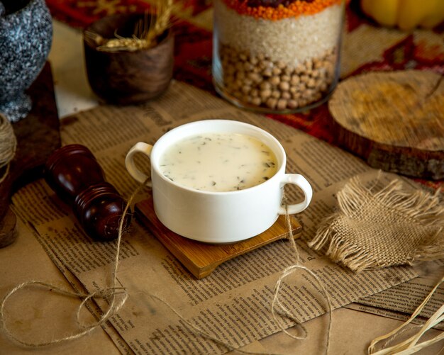 A bowl of yogurt soup with herbs