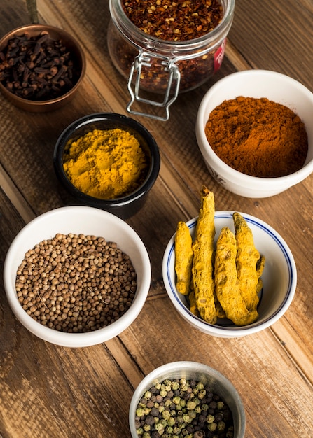 Bowls and jar with spices