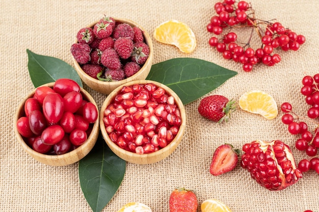 Bowls of pomegranate, raspberries and hips with scattered assortment of fruits