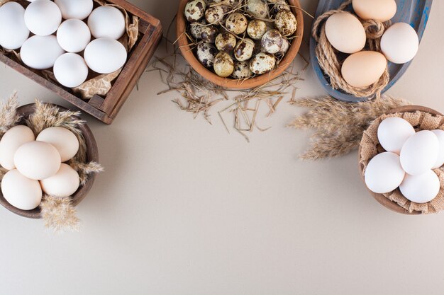 Миски сырых куриных и перепелиных яиц с мукой на бежевом столе.