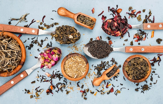 Bowls and spoons with herbal tea