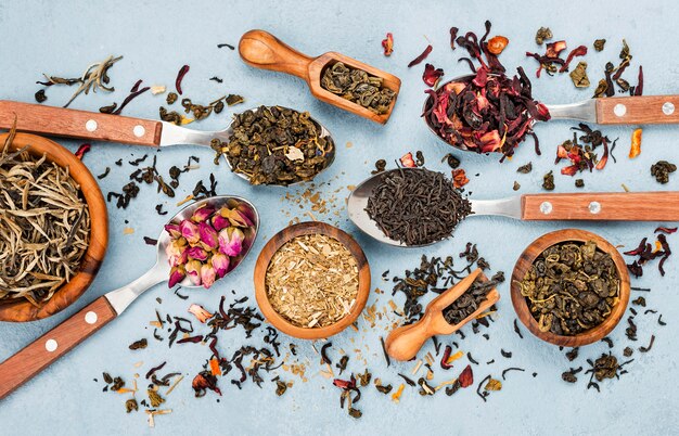 Bowls and spoons with herbal tea