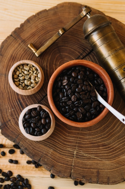 Bowls with coffee beans near coffee grinder