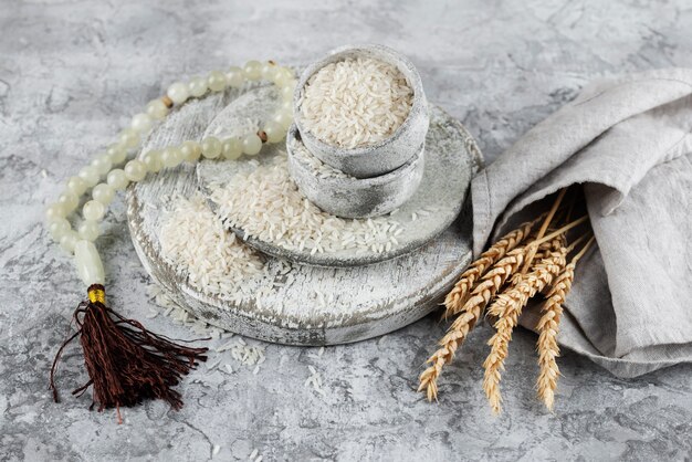 bowls with rice and grains high angle
